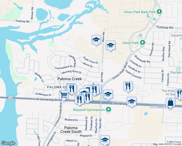 map of restaurants, bars, coffee shops, grocery stores, and more near 1808 Canvasback Drive in Aubrey