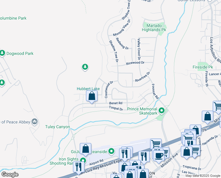 map of restaurants, bars, coffee shops, grocery stores, and more near 3216 Canyon View Drive in Oceanside