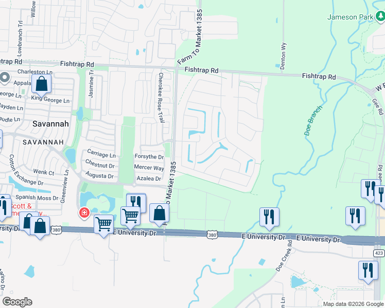 map of restaurants, bars, coffee shops, grocery stores, and more near 1040 Canterbury Drive in Prosper