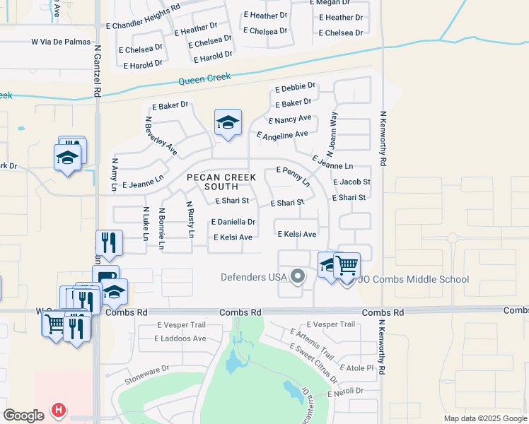 map of restaurants, bars, coffee shops, grocery stores, and more near 1177 East Shari Street in Queen Creek