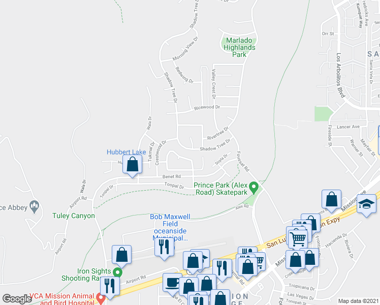 map of restaurants, bars, coffee shops, grocery stores, and more near 3232 Shadow Tree Drive in Oceanside