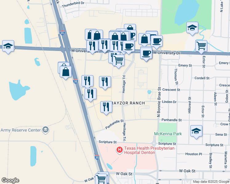 map of restaurants, bars, coffee shops, grocery stores, and more near 3235 Heritage Trail in Denton
