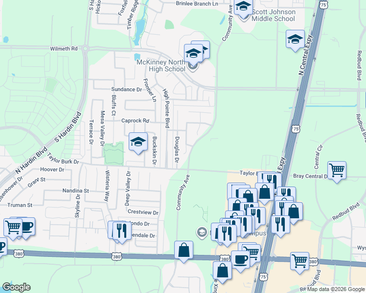 map of restaurants, bars, coffee shops, grocery stores, and more near 2609 Prescotte Pointe in McKinney