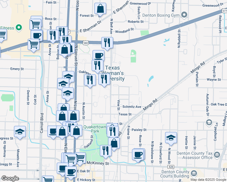 map of restaurants, bars, coffee shops, grocery stores, and more near 1200 North Bell Avenue in Denton