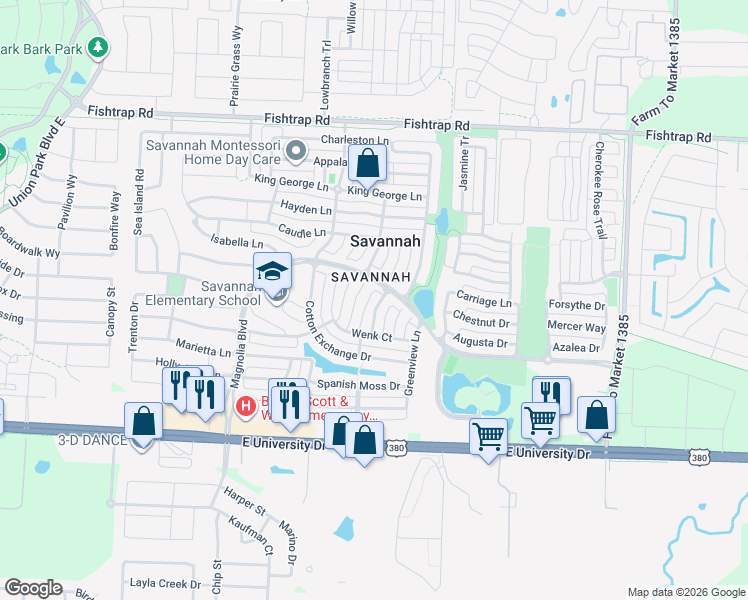 map of restaurants, bars, coffee shops, grocery stores, and more near 1113 Grey Fox Drive in Savannah