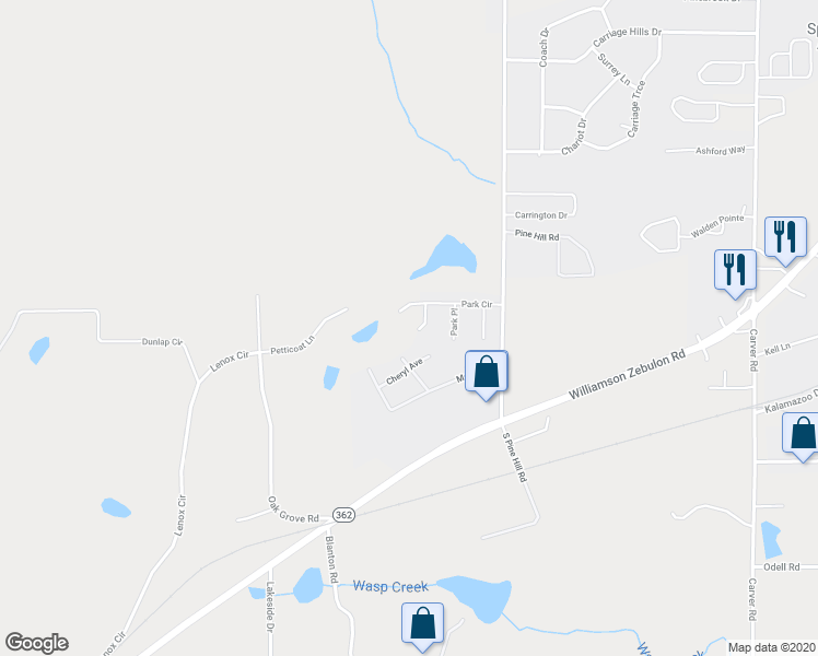 map of restaurants, bars, coffee shops, grocery stores, and more near 1767 Park Circle in Griffin