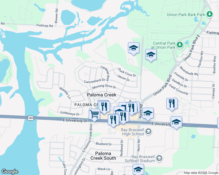 map of restaurants, bars, coffee shops, grocery stores, and more near 1604 Morning Dove Drive in Aubrey