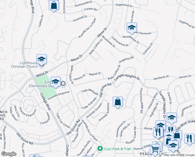 map of restaurants, bars, coffee shops, grocery stores, and more near 5080 Bella Collina Street in Oceanside