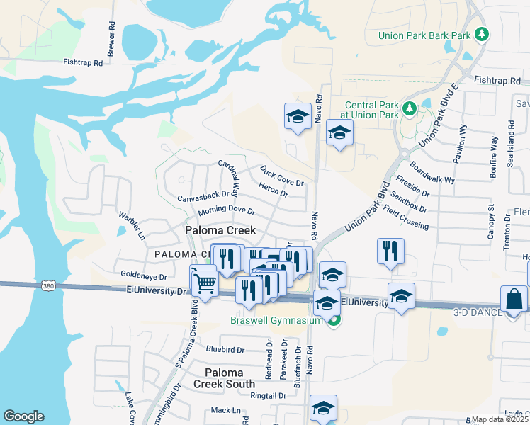 map of restaurants, bars, coffee shops, grocery stores, and more near 1713 Morning Dove Drive in Aubrey