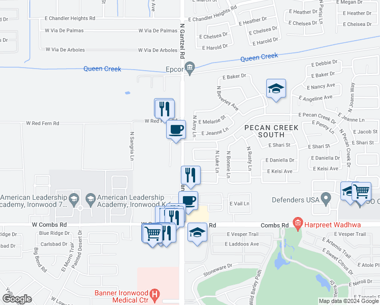 map of restaurants, bars, coffee shops, grocery stores, and more near 38088 North Amy Lane in Queen Creek