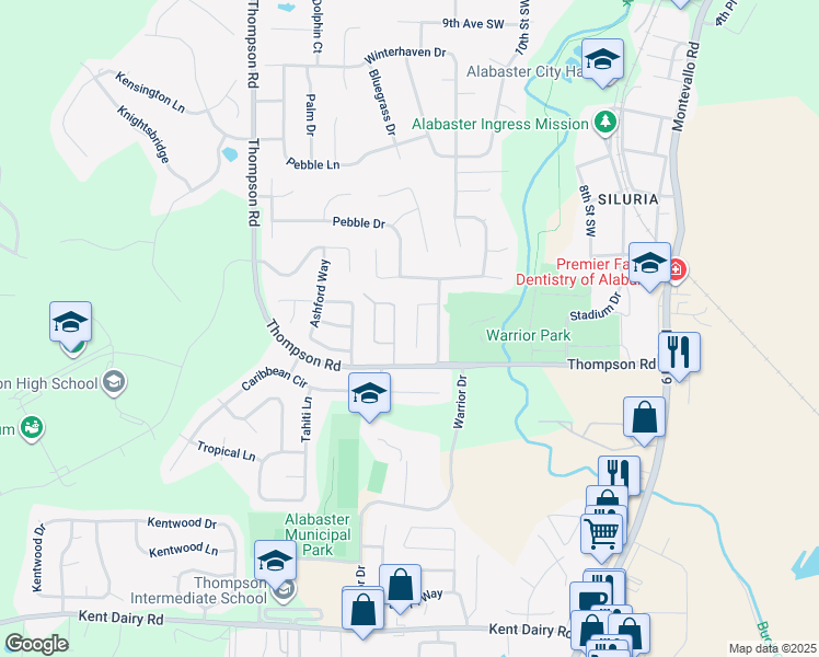 map of restaurants, bars, coffee shops, grocery stores, and more near 122 Cambridge Pointe Circle in Alabaster