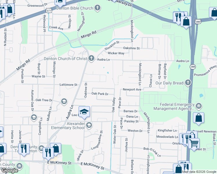 map of restaurants, bars, coffee shops, grocery stores, and more near 2601 Whispering Oaks in Denton