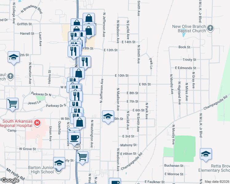 map of restaurants, bars, coffee shops, grocery stores, and more near 500-598 East 8th Street in El Dorado
