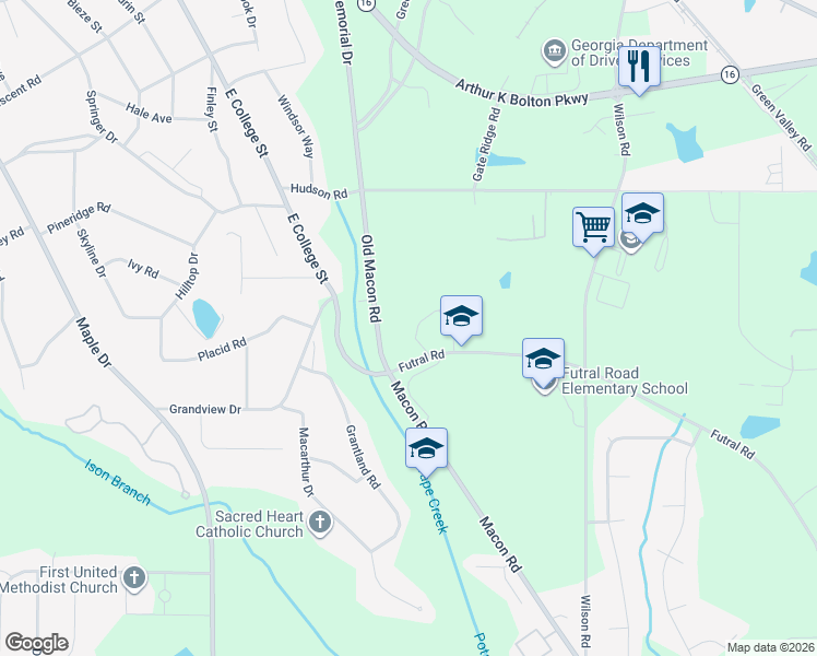map of restaurants, bars, coffee shops, grocery stores, and more near 101 Rhodes Lane in Griffin