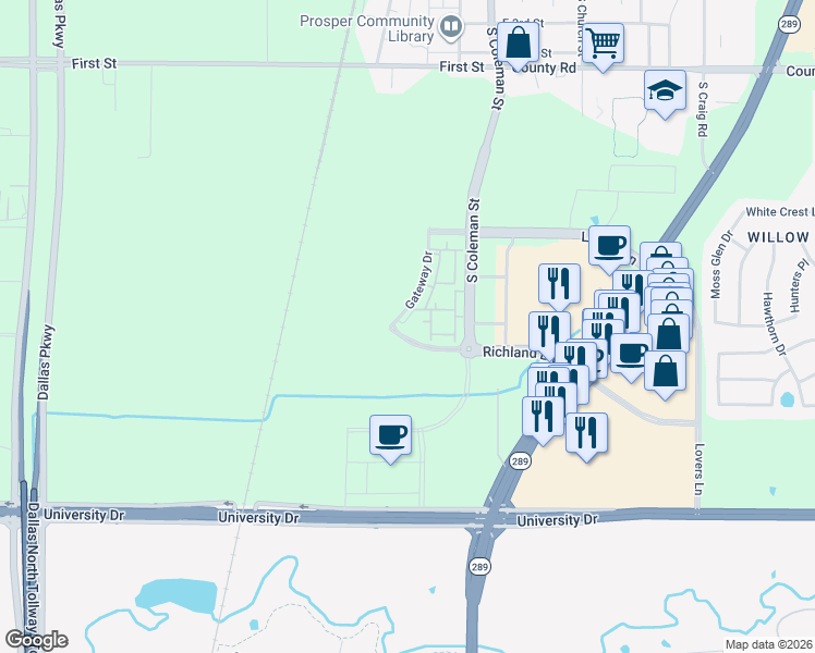 map of restaurants, bars, coffee shops, grocery stores, and more near 520-598 South Coleman Street in Prosper