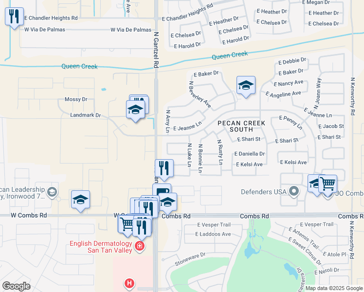 map of restaurants, bars, coffee shops, grocery stores, and more near 457 East Penny Lane in San Tan Valley