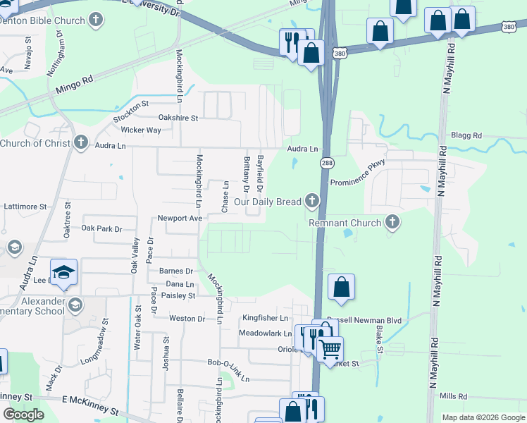 map of restaurants, bars, coffee shops, grocery stores, and more near 906 Bayfield Drive in Denton