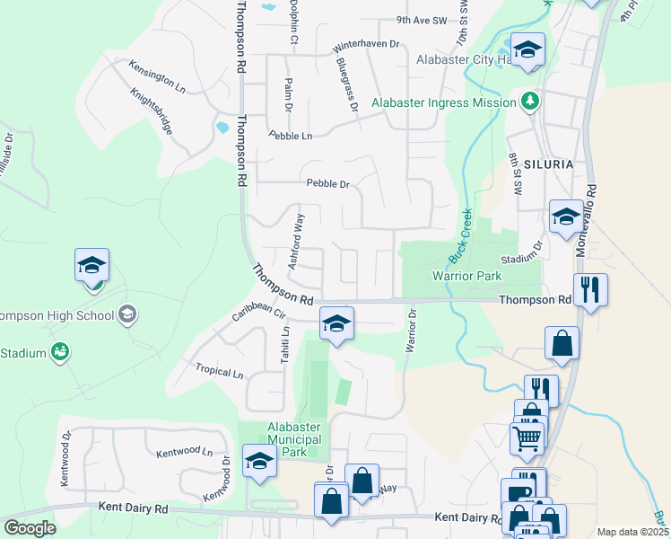 map of restaurants, bars, coffee shops, grocery stores, and more near 1529 Applegate Lane in Alabaster