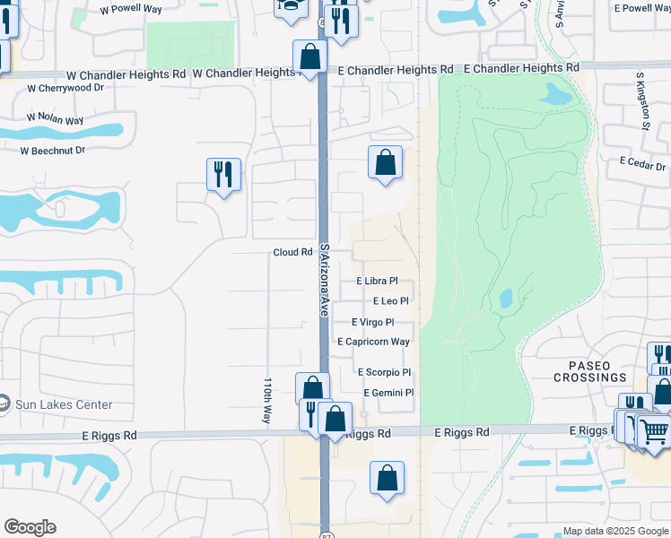 map of restaurants, bars, coffee shops, grocery stores, and more near 106 East Libra Place in Chandler