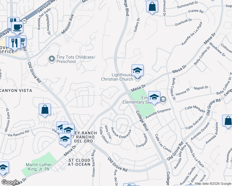 map of restaurants, bars, coffee shops, grocery stores, and more near 4675 Los Alamos Way in Oceanside