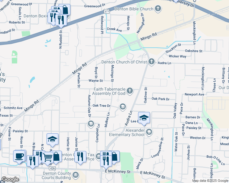 map of restaurants, bars, coffee shops, grocery stores, and more near 1214 Mulkey Lane in Denton