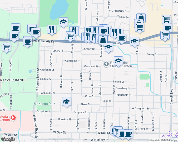 map of restaurants, bars, coffee shops, grocery stores, and more near 1800 Carlton St in Denton