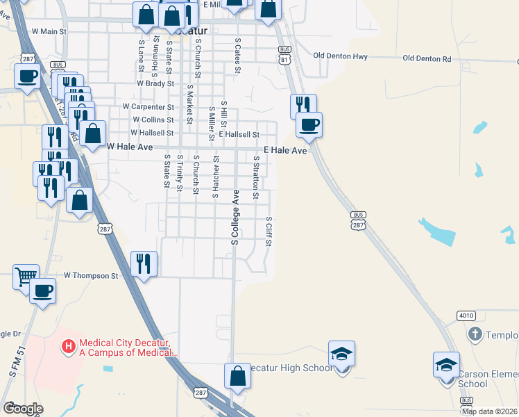 map of restaurants, bars, coffee shops, grocery stores, and more near 1401 South Stratton Street in Decatur