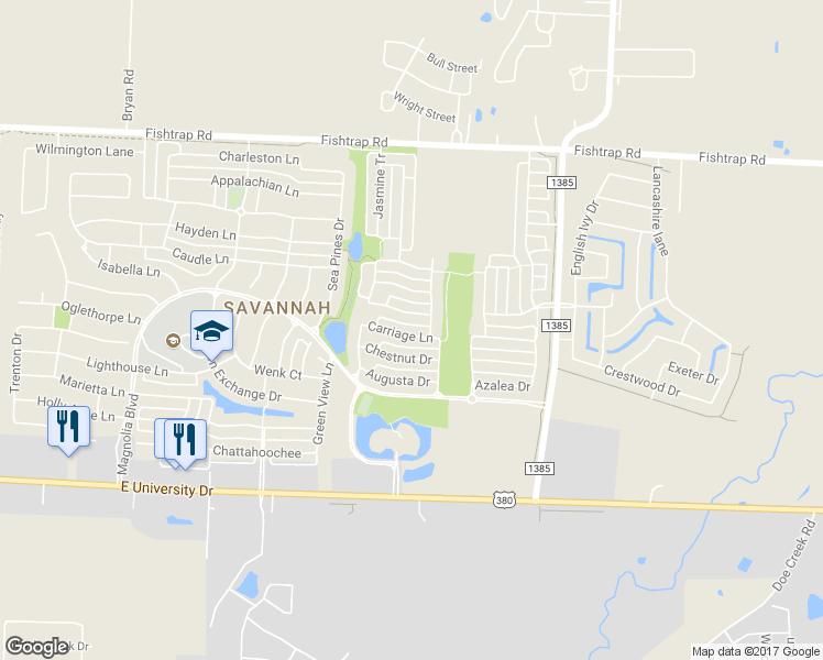 map of restaurants, bars, coffee shops, grocery stores, and more near 1509 Carriage Lane in Denton County
