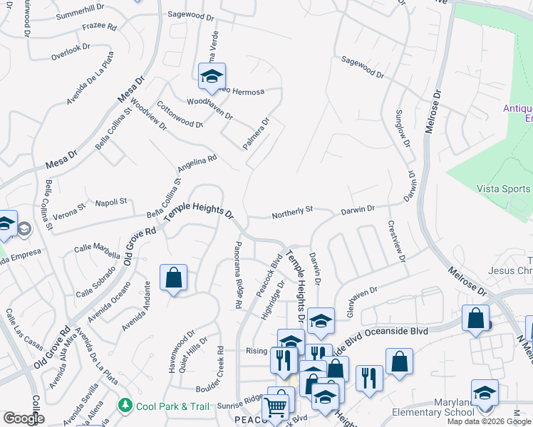map of restaurants, bars, coffee shops, grocery stores, and more near 4814 Northerly Street in Oceanside