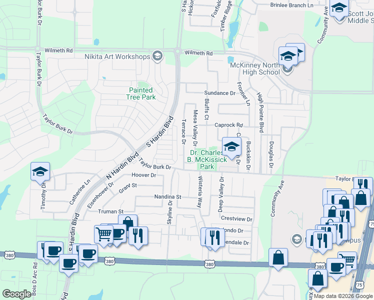 map of restaurants, bars, coffee shops, grocery stores, and more near 2517 Mesa Valley Drive in McKinney