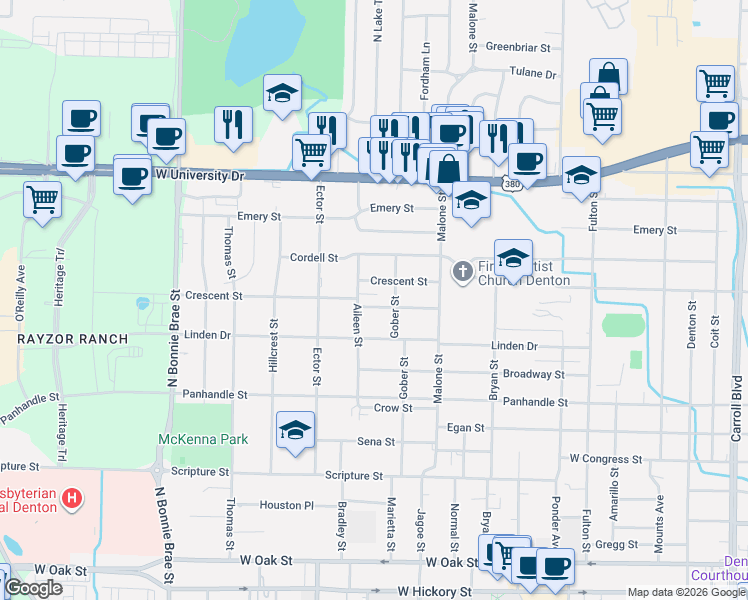 map of restaurants, bars, coffee shops, grocery stores, and more near 1800 Carlton Street in Denton