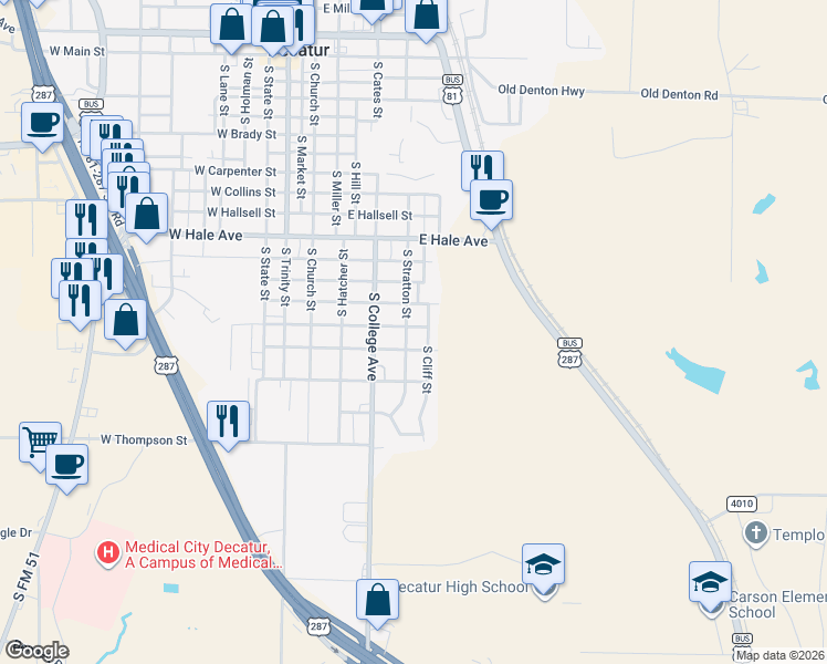 map of restaurants, bars, coffee shops, grocery stores, and more near 1403 South Cliff Street in Decatur