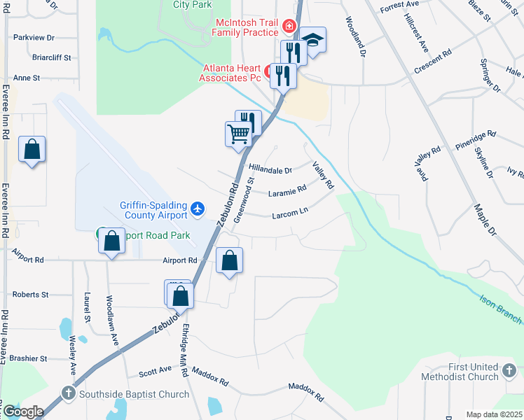 map of restaurants, bars, coffee shops, grocery stores, and more near 205 Larcom Lane in Griffin