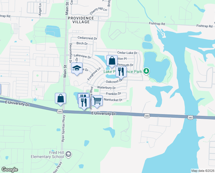 map of restaurants, bars, coffee shops, grocery stores, and more near 10227 Waterbury Drive in Denton County