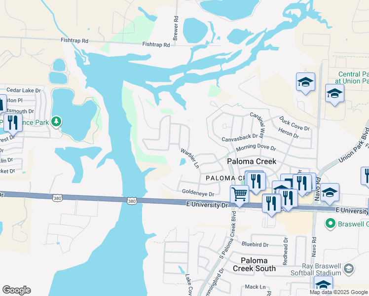 map of restaurants, bars, coffee shops, grocery stores, and more near 1004 Warbler Lane in Aubrey