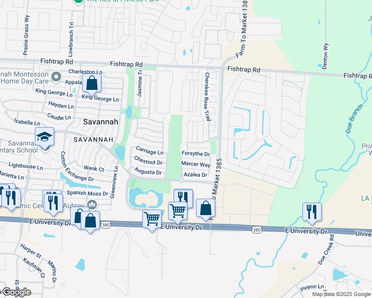 map of restaurants, bars, coffee shops, grocery stores, and more near 1709 Forsythe Drive in Denton County