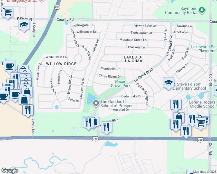 map of restaurants, bars, coffee shops, grocery stores, and more near 1110 Twin Oaks Drive in Prosper