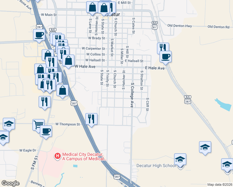 map of restaurants, bars, coffee shops, grocery stores, and more near 1401 South Church Street in Decatur