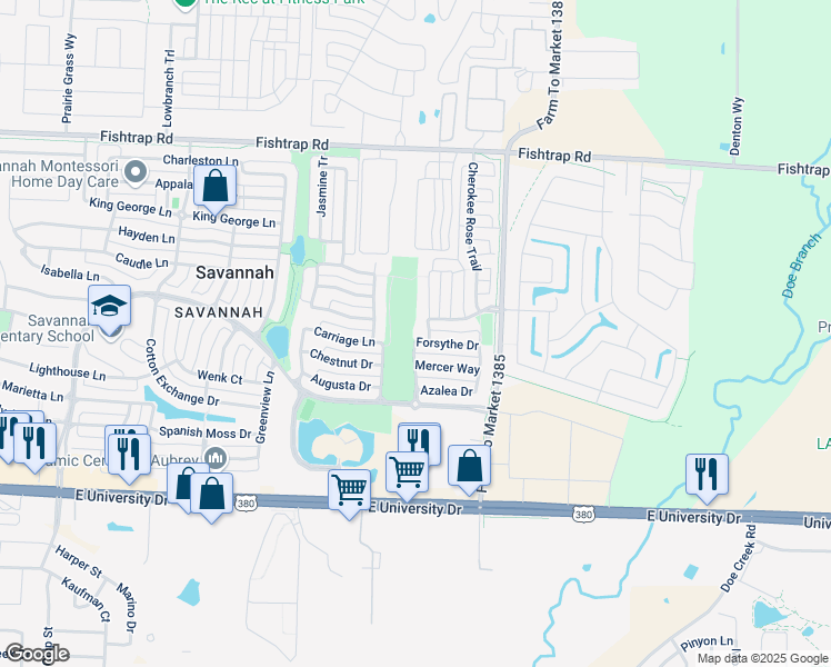 map of restaurants, bars, coffee shops, grocery stores, and more near 1709 Forsythe Drive in Denton County