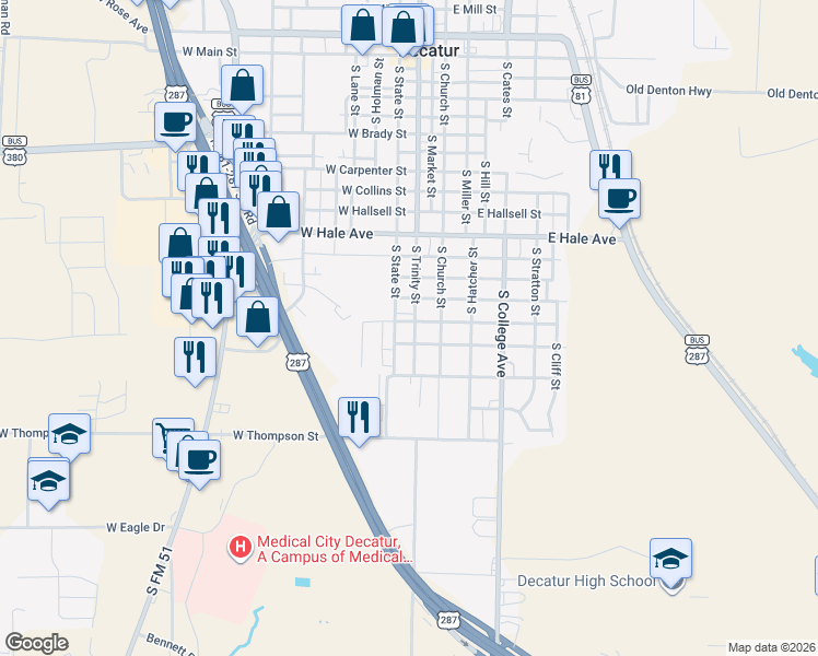 map of restaurants, bars, coffee shops, grocery stores, and more near 101 W Park St in Decatur