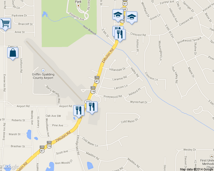 map of restaurants, bars, coffee shops, grocery stores, and more near 205 Larcom Ln in Griffin