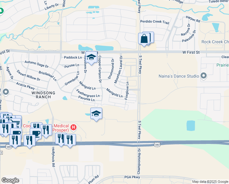 map of restaurants, bars, coffee shops, grocery stores, and more near 3920 Marigold Lane in Prosper