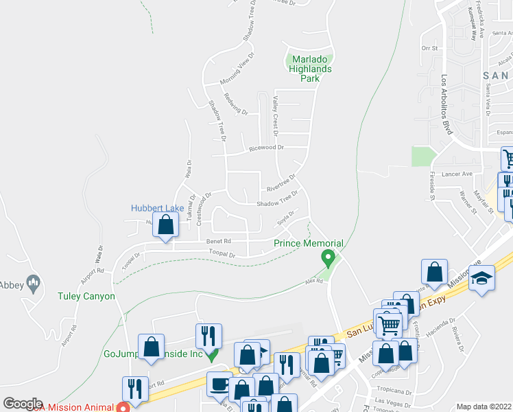 map of restaurants, bars, coffee shops, grocery stores, and more near 3248 Shadow Tree Drive in Oceanside