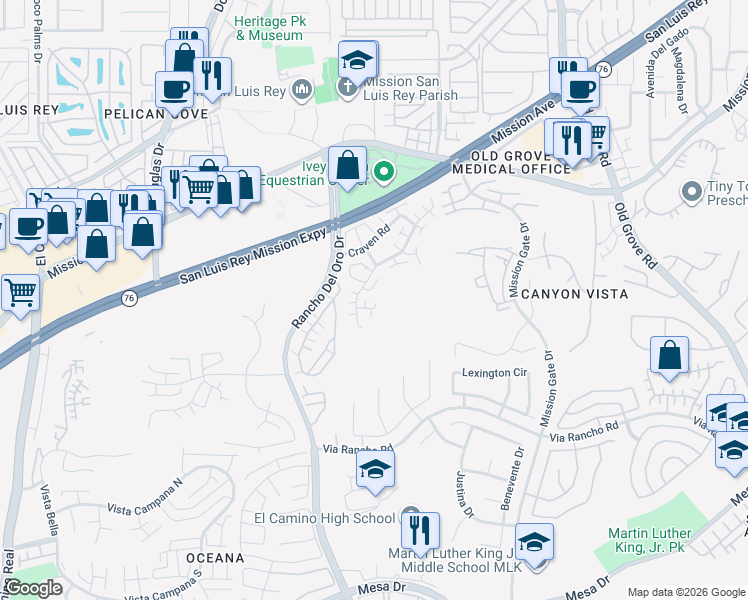 map of restaurants, bars, coffee shops, grocery stores, and more near 234 Victoria Way in Oceanside