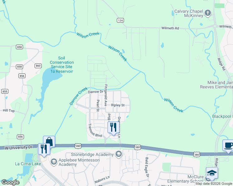 map of restaurants, bars, coffee shops, grocery stores, and more near 7209 Darrow Drive in McKinney
