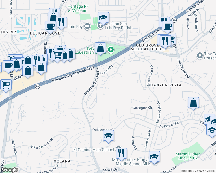 map of restaurants, bars, coffee shops, grocery stores, and more near 234 Victoria Way in Oceanside