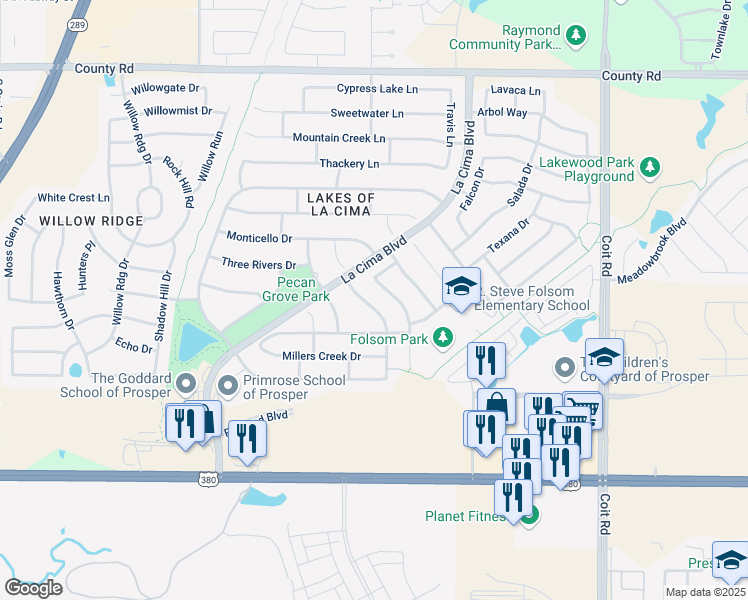 map of restaurants, bars, coffee shops, grocery stores, and more near 821 Buffalo Springs Drive in Prosper