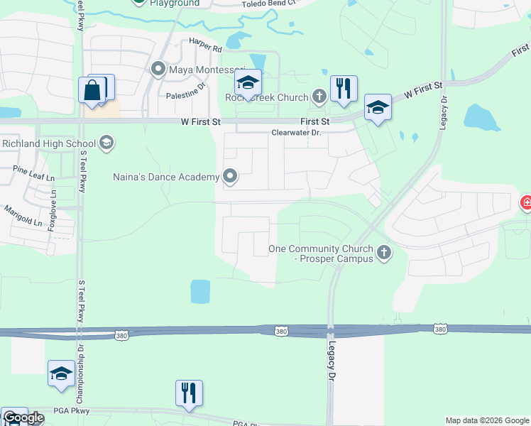 map of restaurants, bars, coffee shops, grocery stores, and more near 3020 Barefoot Lane in Prosper