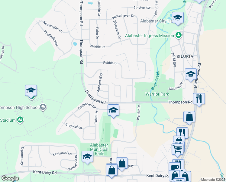 map of restaurants, bars, coffee shops, grocery stores, and more near 1533 Applegate Lane in Alabaster