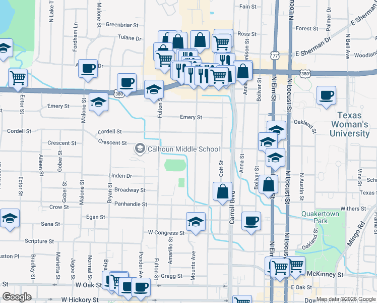 map of restaurants, bars, coffee shops, grocery stores, and more near 905 Crescent Street in Denton